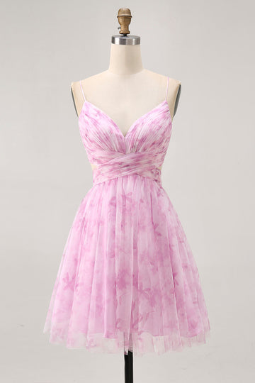 Różowa kwiatowa krótka sukienka na ramiączka spaghetti z marszczeniami